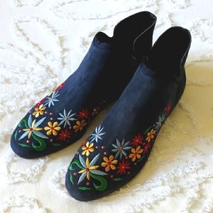 Bernardo Navy Seude Embroidered Booties